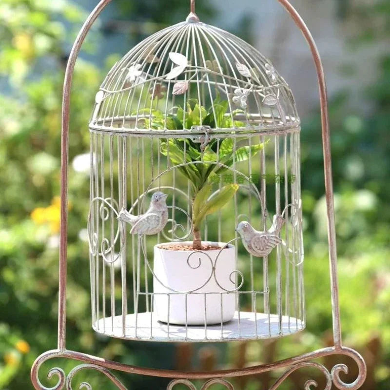 support plante cage oiseau métal motif feuilles vintage doré semi transparent pensées petunias