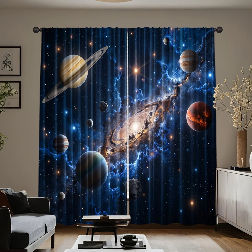 rideau roulant spatial moderne galaxie planètes étoiles opacité bleu foncé gris chambre