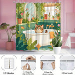 rideau douche illustration chat baignoire motifs floraux 12 anneaux métalliques polyester opacité vert blanc