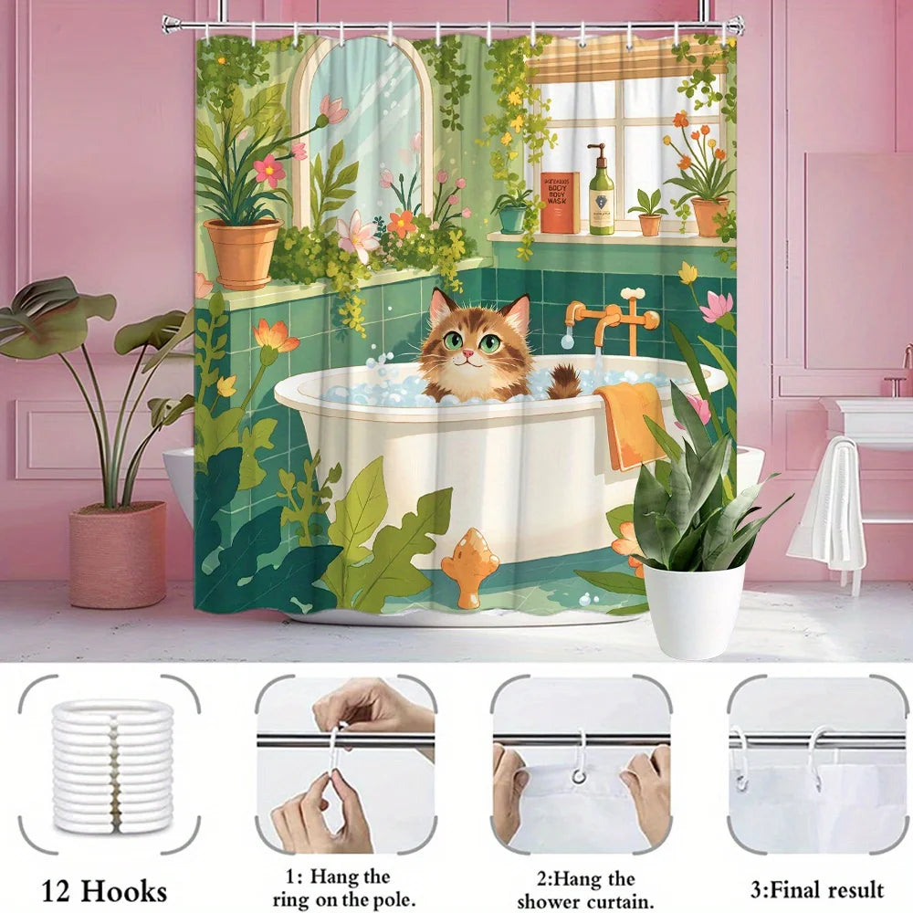 rideau douche illustration chat baignoire motifs floraux 12 anneaux métalliques polyester opacité vert blanc