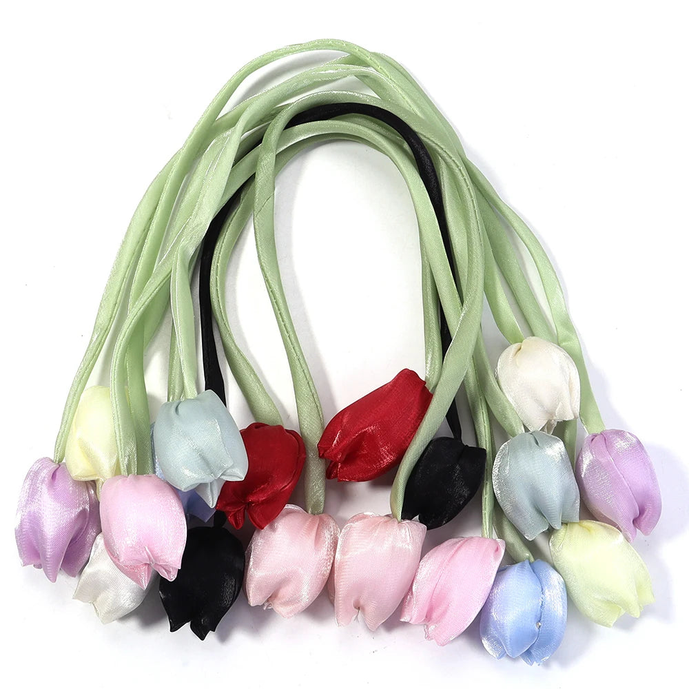 Décoration intérieure tulipes artificielles 3D fleurs polyester accessoires cheveux élastiques vert rose blanc