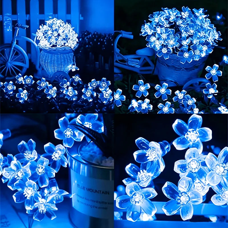 guirlande lumineuse solaire bleu clair fleurs stylisées moderne extérieure décoration fêtes led autonomes