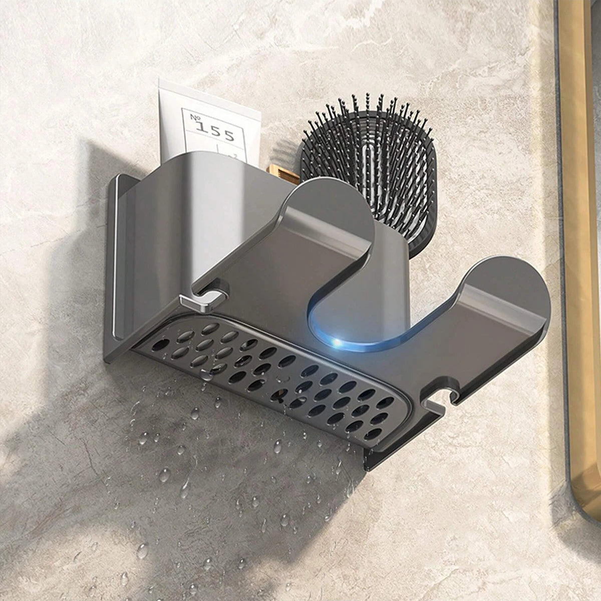 porte sèche cheveux adhésif moderne gris métallisé salle bain rangement brosse gobelet téléphone