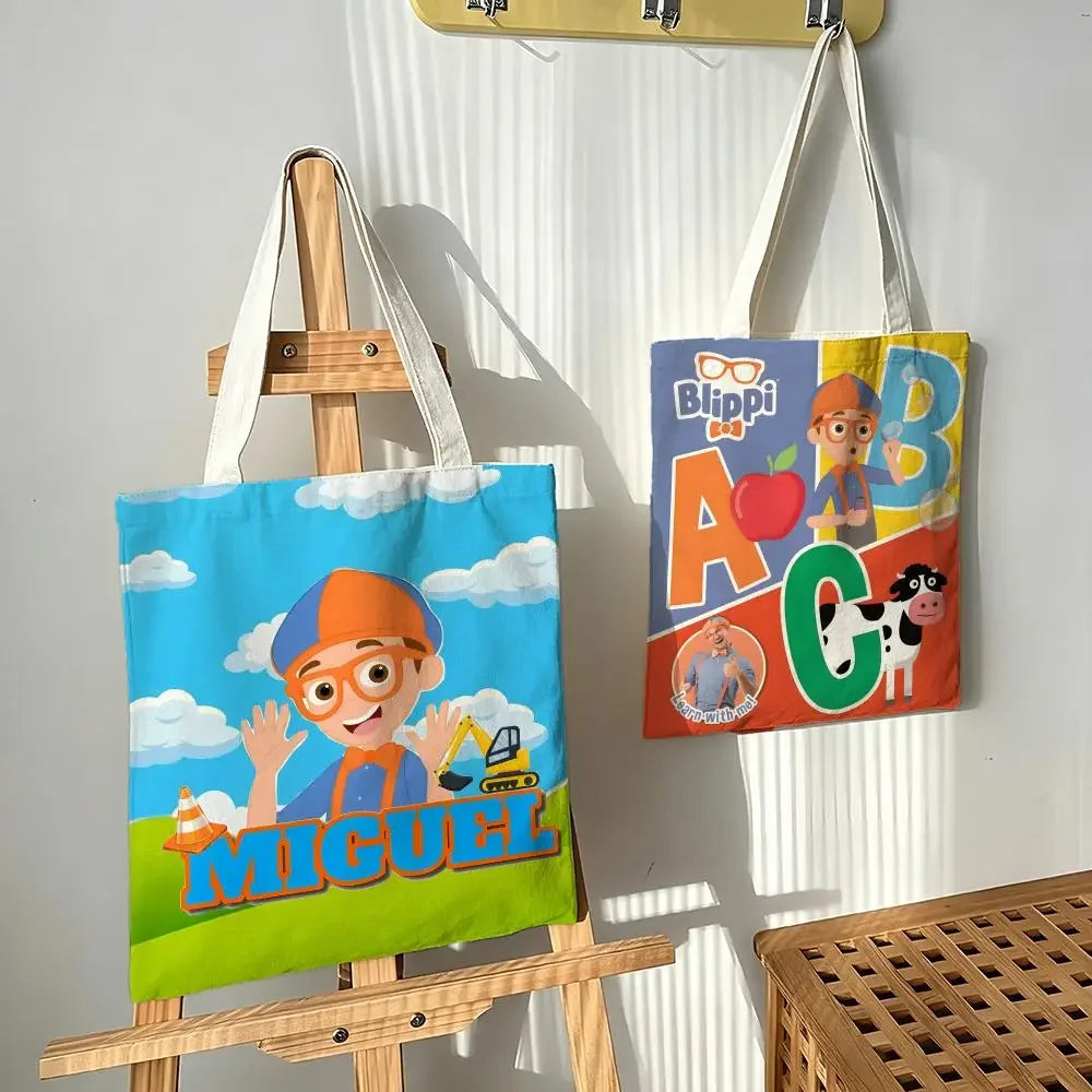 sac main toile cartoon blippi bleu vert orange poignées réutilisable multifonctionalité opacité