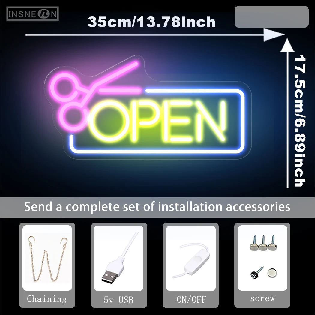 enseigne lumineuse néon open ciseaux rose bleu vert blanc led usb