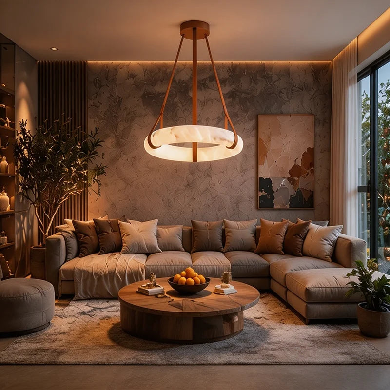 Suspension lumineuse moderne marbre marron cuir chaînes lumière LED 3000K 4500K 6000K