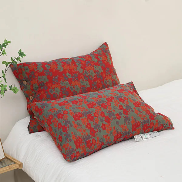 taies d'oreiller coton fleur vintage bleu orange gris décoration lit non toxique écologique