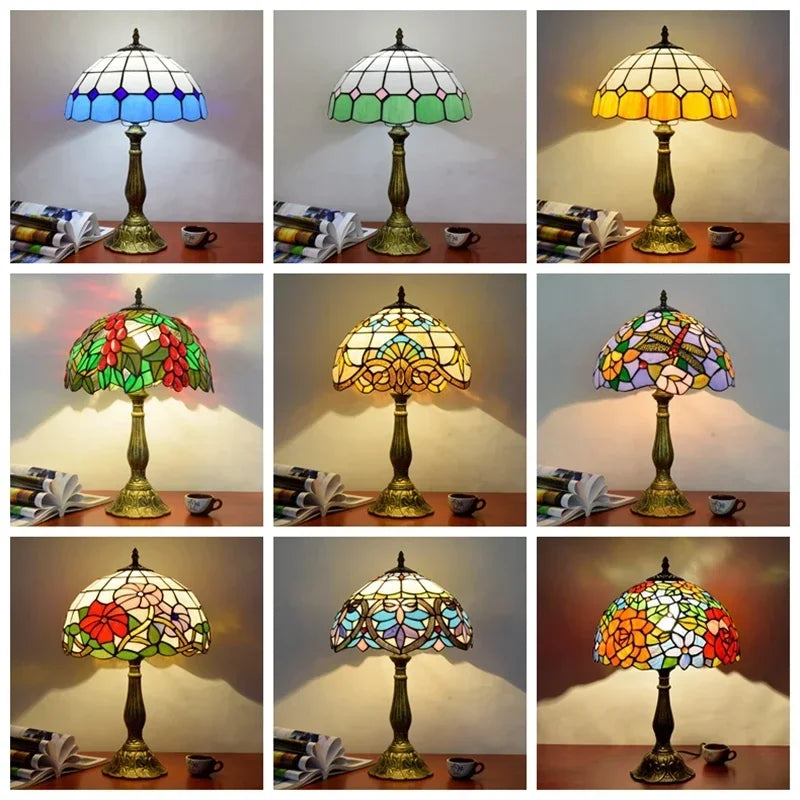 lampe table tiffany floral multicolore vintage interrupteur bouton verre translucide