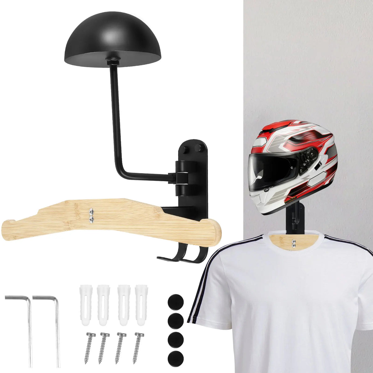 support rangement rotatif casque moto moderne vis écrous noir texture bois
