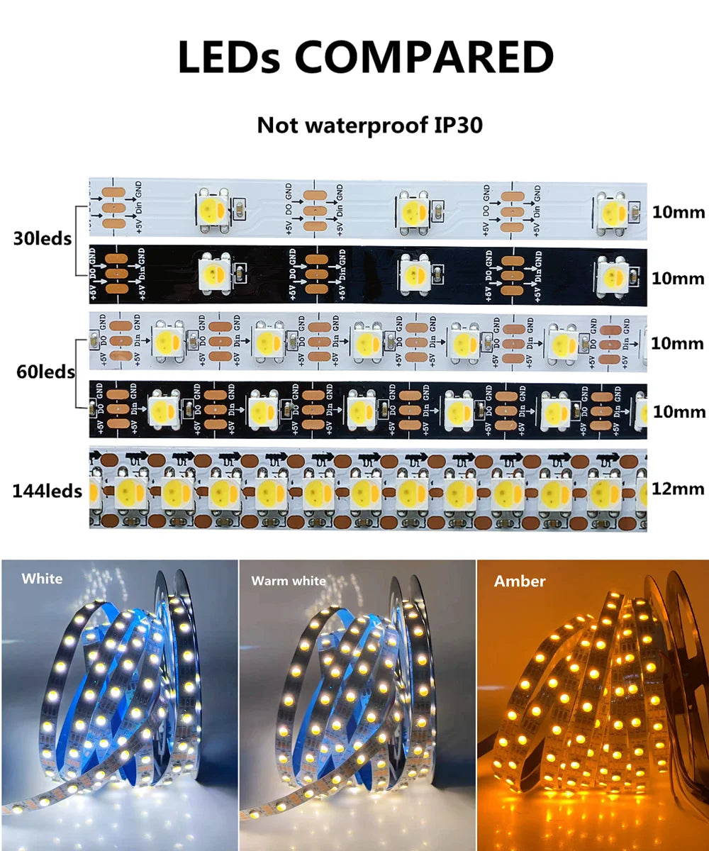 ruban led 5m 144 leds blanc blanc chaud ambre ip65 waterproof moderne