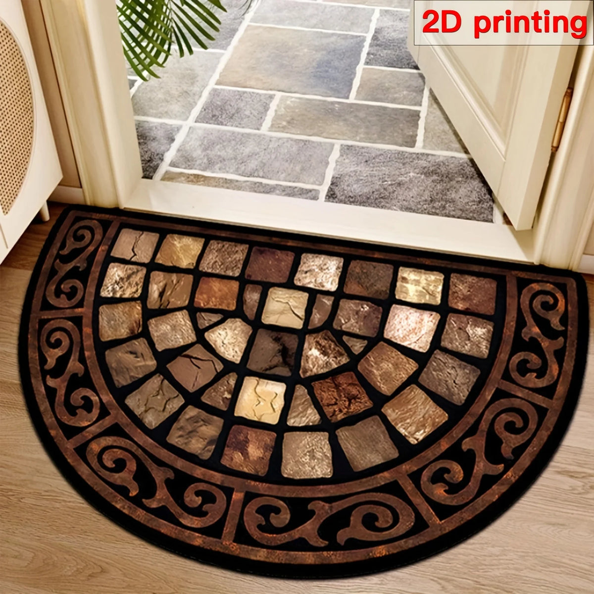tapis d'entrée mosaïque pierre bordure ornée antidérapant moderne marron beige noir