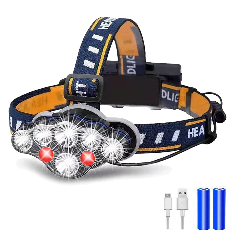 lampe frontale led leds rechargeable ipx4 étanche camping pêche travail nocturne bleu noir headlig