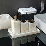 ensemble accessoires salle bain marbre blanc onyx distributeur savon plateau pot brosse dents