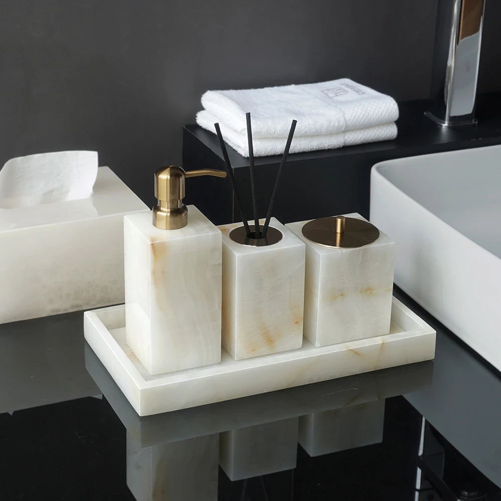 ensemble accessoires salle bain marbre blanc onyx distributeur savon plateau pot brosse dents