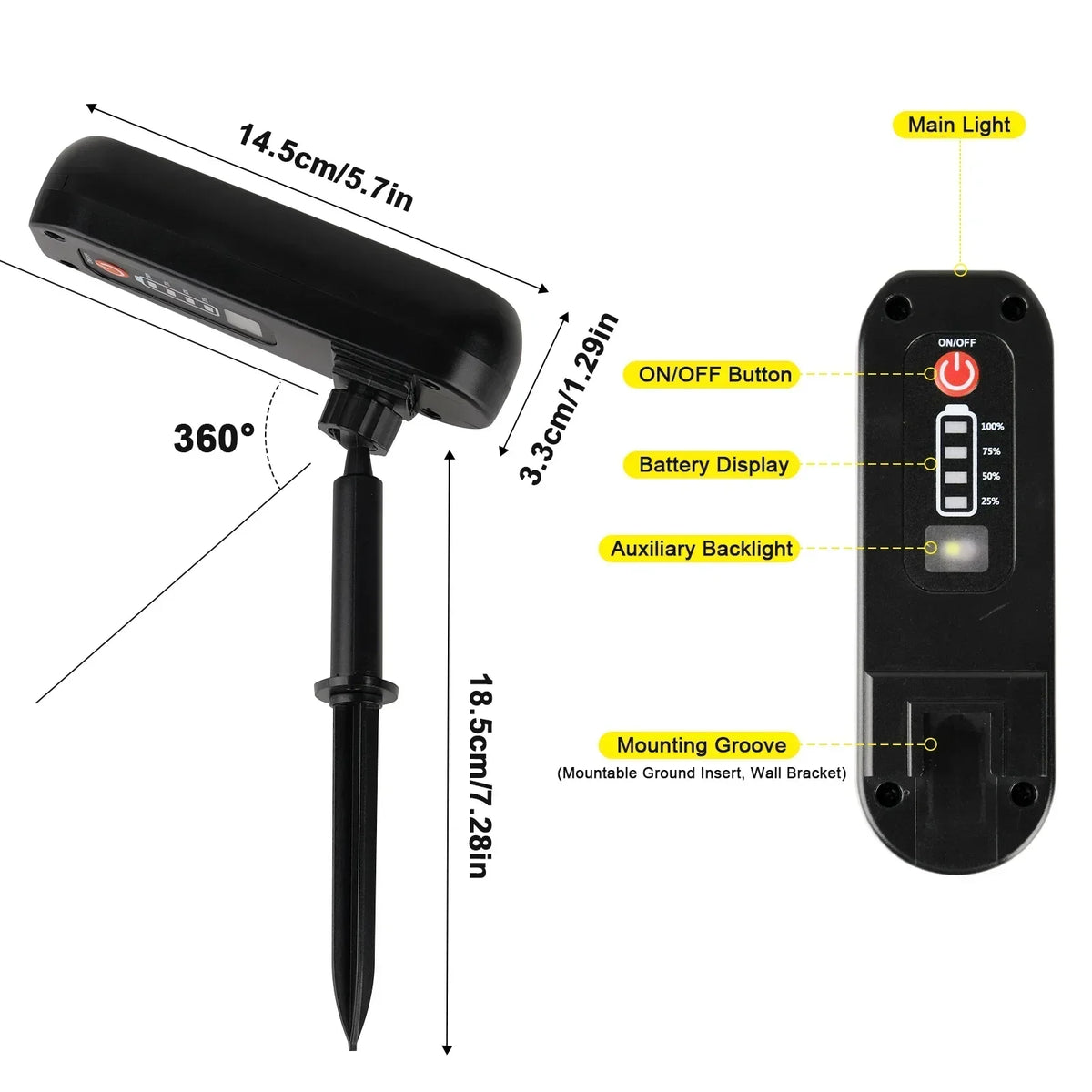 projecteur solaire led mural ip65 moderne noir fixe tringle batterie affichage jardinextérieur uplight