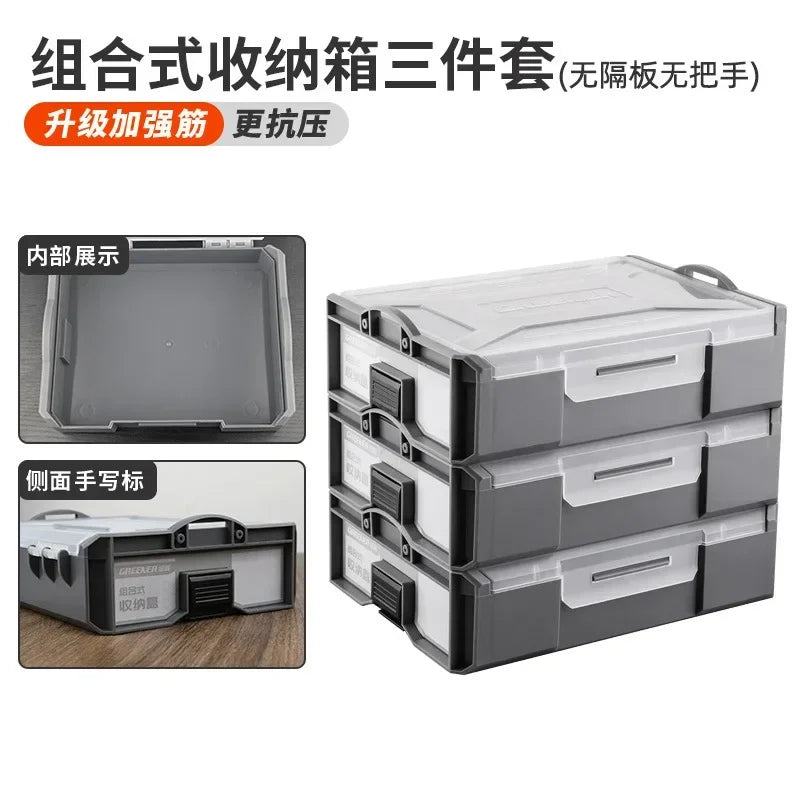 boîtes rangement outils plastique réutilisables gris transparent compartiments modernes poignées