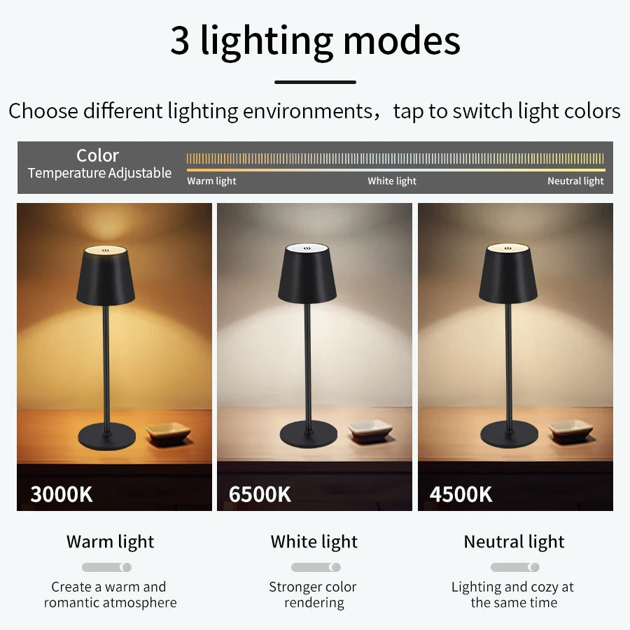 Lampe de table LED rechargeable blanche allumée en ambiance chaude