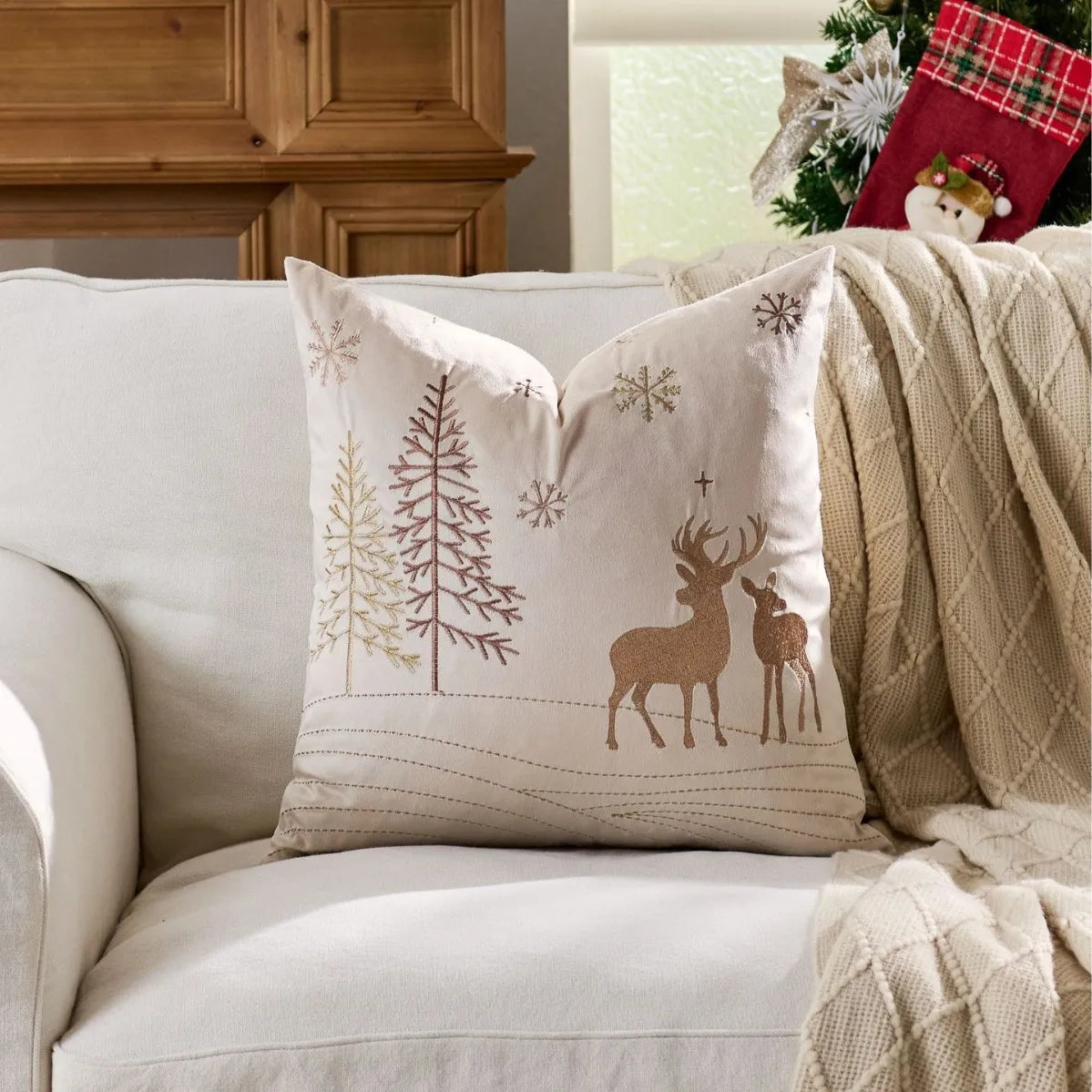 housse coussin brodée rennes noël traditionnelle décorative coton polyester gris beige vert bleu rouge
