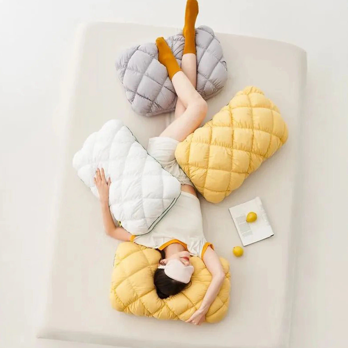 coussins jaune gris blanc coton quadrillé support cervical confortable moderne 48x74cmwashablefluffy