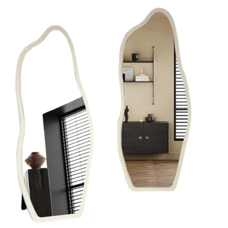 miroir moderne blanc noir ovale complet étagères intégrées pieds salon chambre