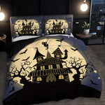 ensemble literie halloween maison hantée noir beige bleu illustrations opaques taies oreillers drap