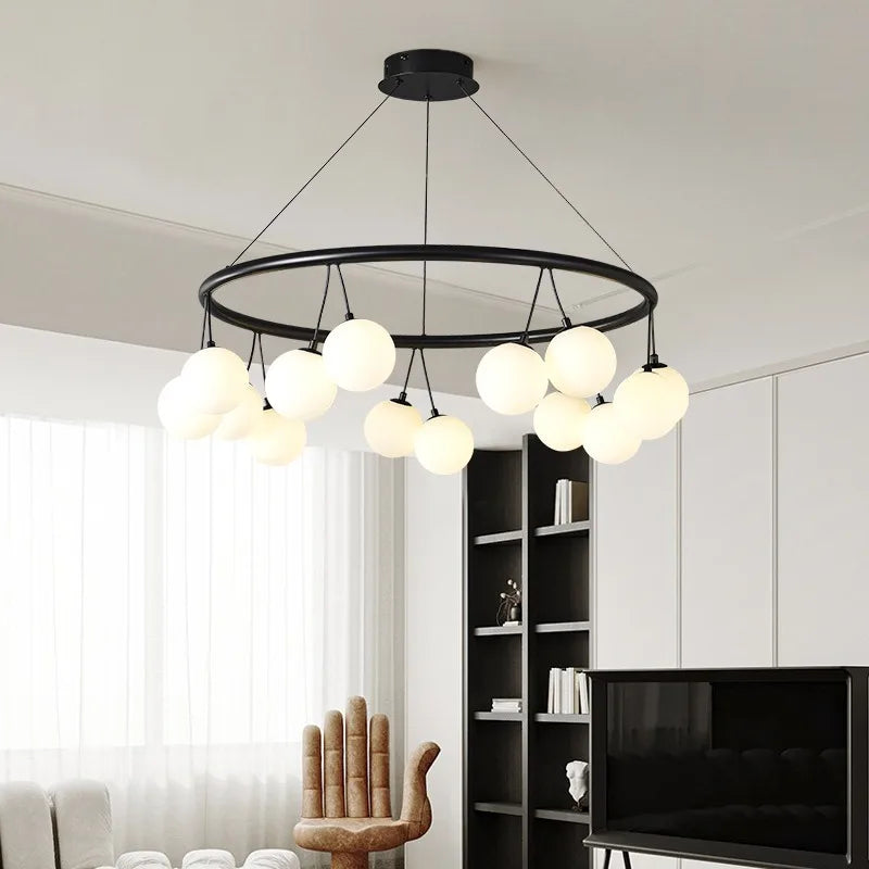 Suspension lumineuse moderne boules translucides cercle noir led blanc noir