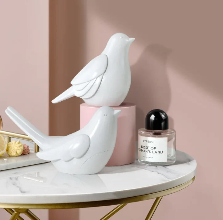 figurines oiseaux décoratives moderne minimaliste blanc doré bleu rose motifs floraux transparents