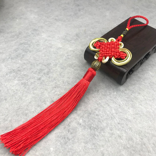 bracelet porte cles noeud chinois traditionnel artisanal pompon tisse anneau metallique