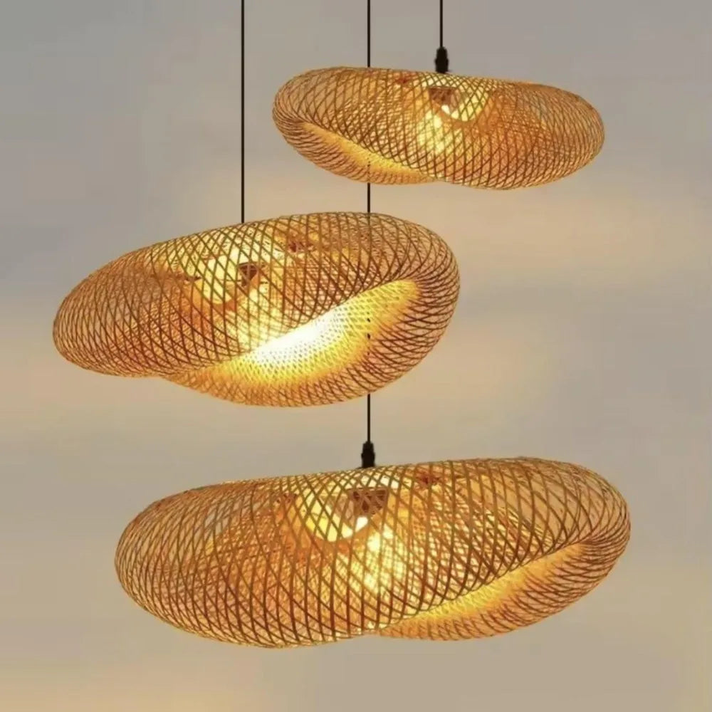 Suspension lumineuse moderne bambou tressé marron clair salon cuisine rustique E27