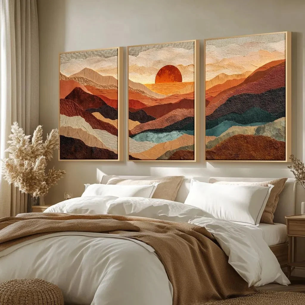 tableaux modernes abstraits paysage montagneux coucher soleil couleur orange brun beige bleu noir sans