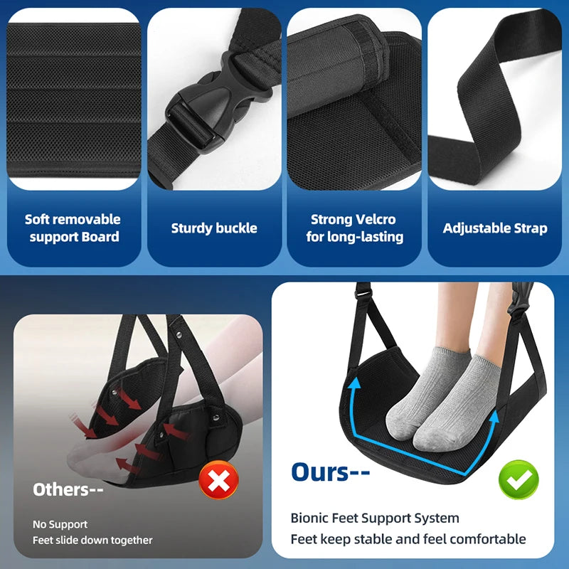 repose pieds suspendu hamac adulte sangles réglables planche amovible sac rangement noir texturé ergonomique