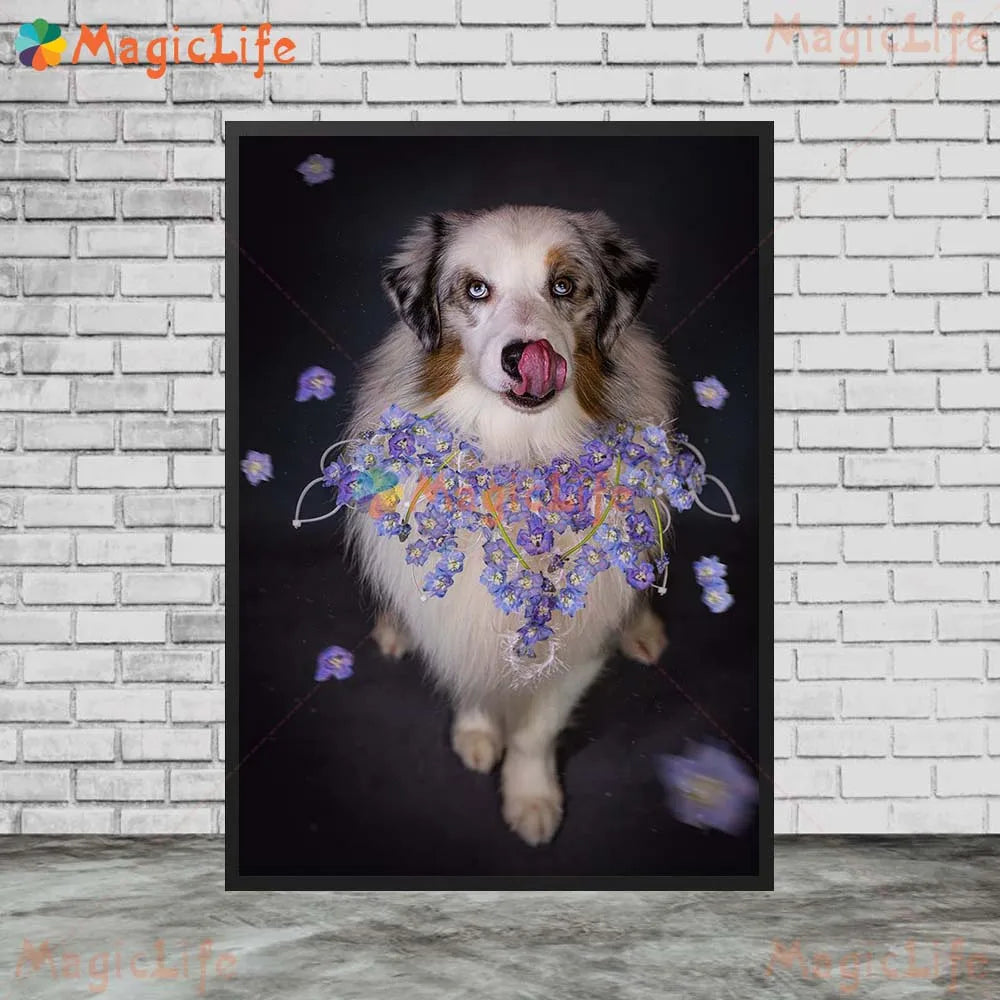 tableau toile moderne chien fleurs décoration murale salon art animal domestique sans cadre