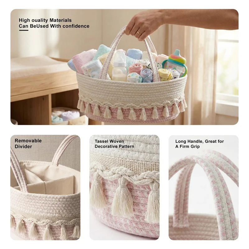 panier rangement tressé réutilisable compartiments couches jouets blanc rose beige