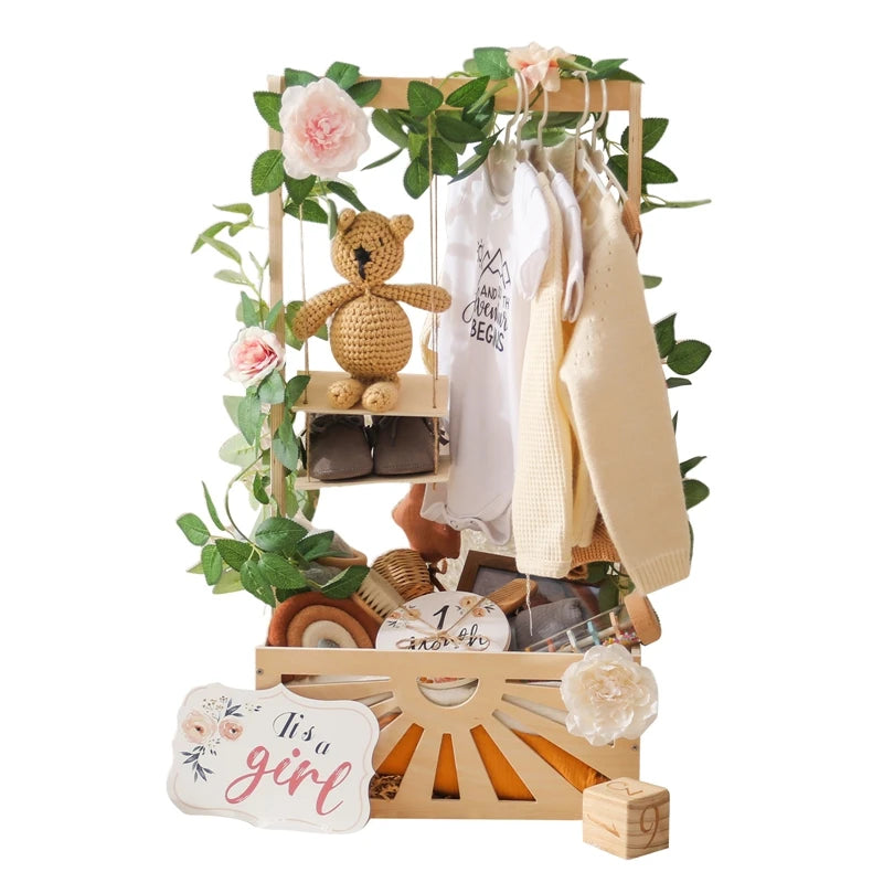 panier bébé bois rustique motifs floraux support mural accessoires enfant storage decoration chambre