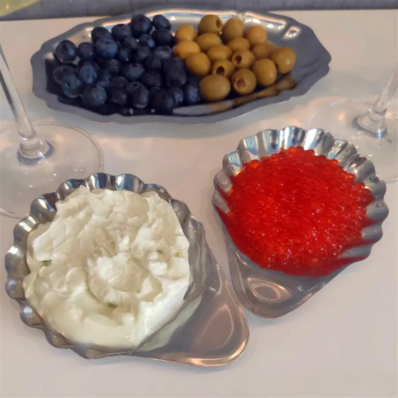 assiette coquille acier inoxydable argentée relief classique fromage dessert bijoux décoration table