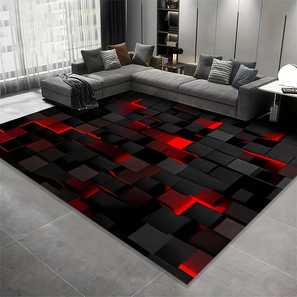 tapis moderne carreaux géométriques noir rouge gris salon chambre prière extérieur.decoratif