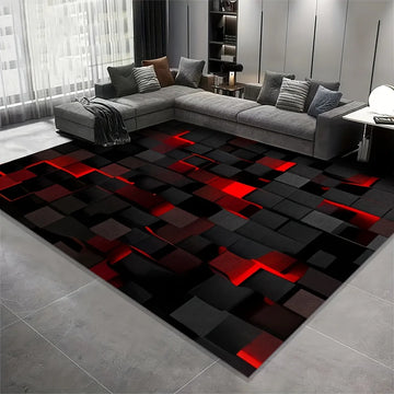 tapis moderne carreaux géométriques noir rouge gris salon chambre prière extérieur.decoratif