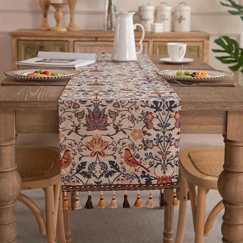 tableau decoratif floral oiseaux franges pompons beige marron bleu orange rustic boheme 33x180cm