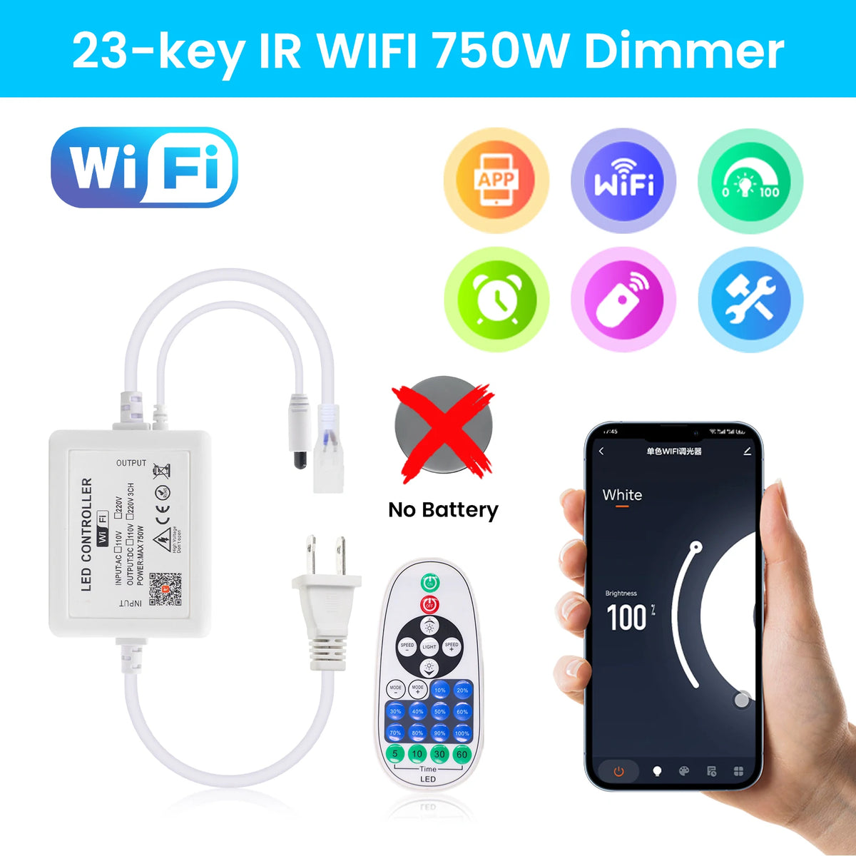 contrôleur led wifi bluetooth rf télécommande prise électrique moderne certifié ul cqc cem fcc