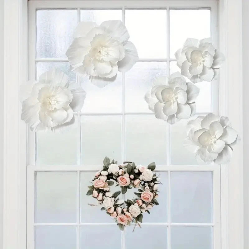 décoration mariage fleurs papier blanc rose poudré orange texturées adhésives extérieures bohèmes 30cm 25cm