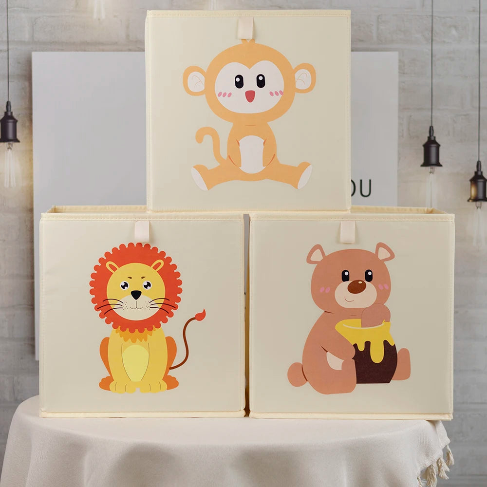 boîtes rangement pliables animaux dessin animé beige clair moderne enfant poignées léopard singe ours