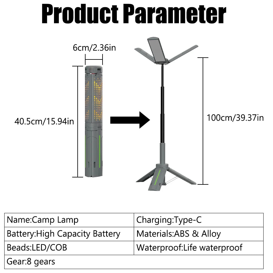 lampe camping rechargeable 8000mAh gris vert multifonctionnelle modes étanche trépied portable
