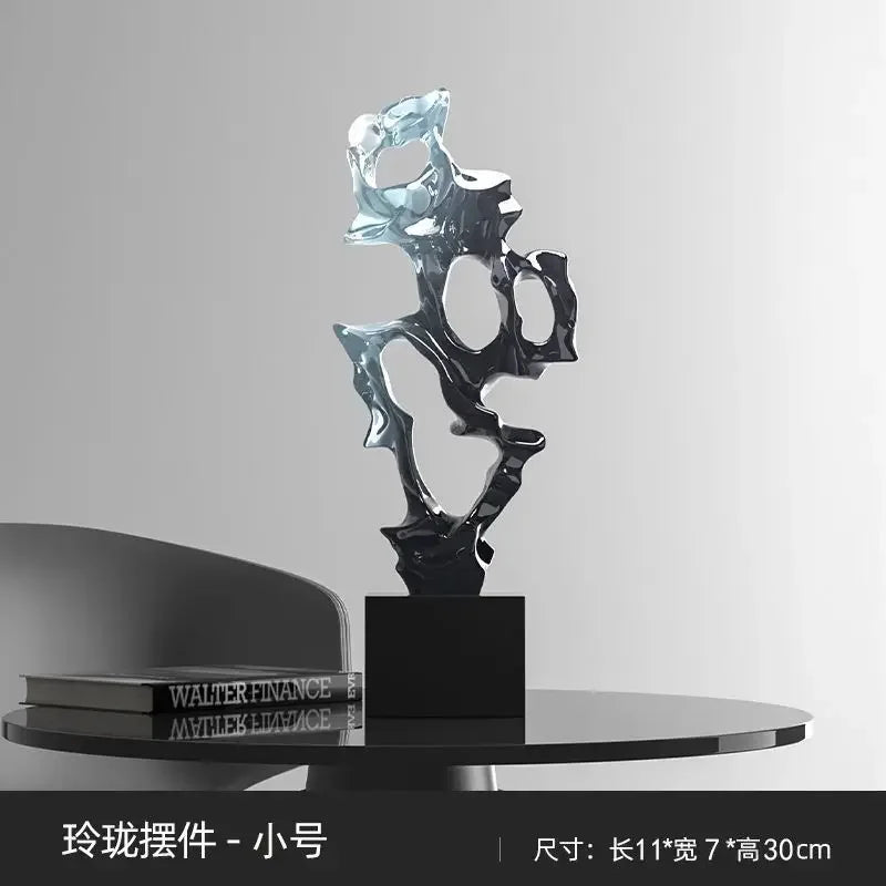 sculpture décorative abstraite moderne bleu clair noir transparent lumière reflétée living room ambiance chambre