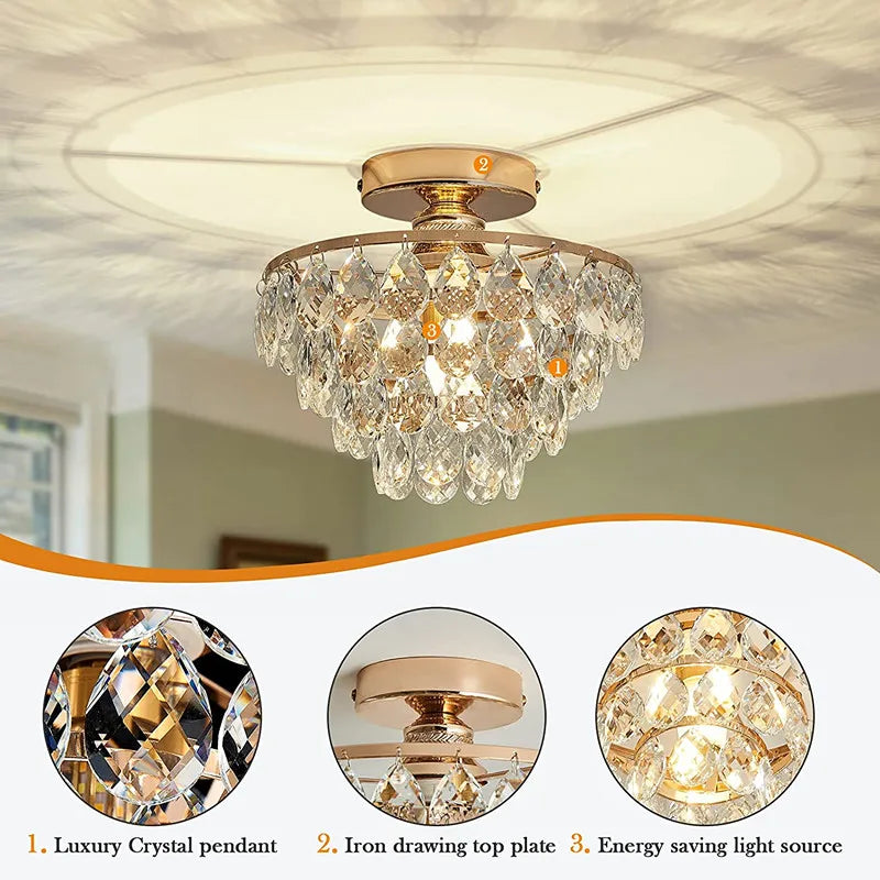 Suspension lumineuse cristaux or transparents classique fixations LED moderne