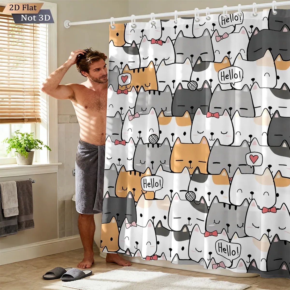 rideau douche imperméable chat dessin animé mignon exprime hello crochets gris blanc orange rose