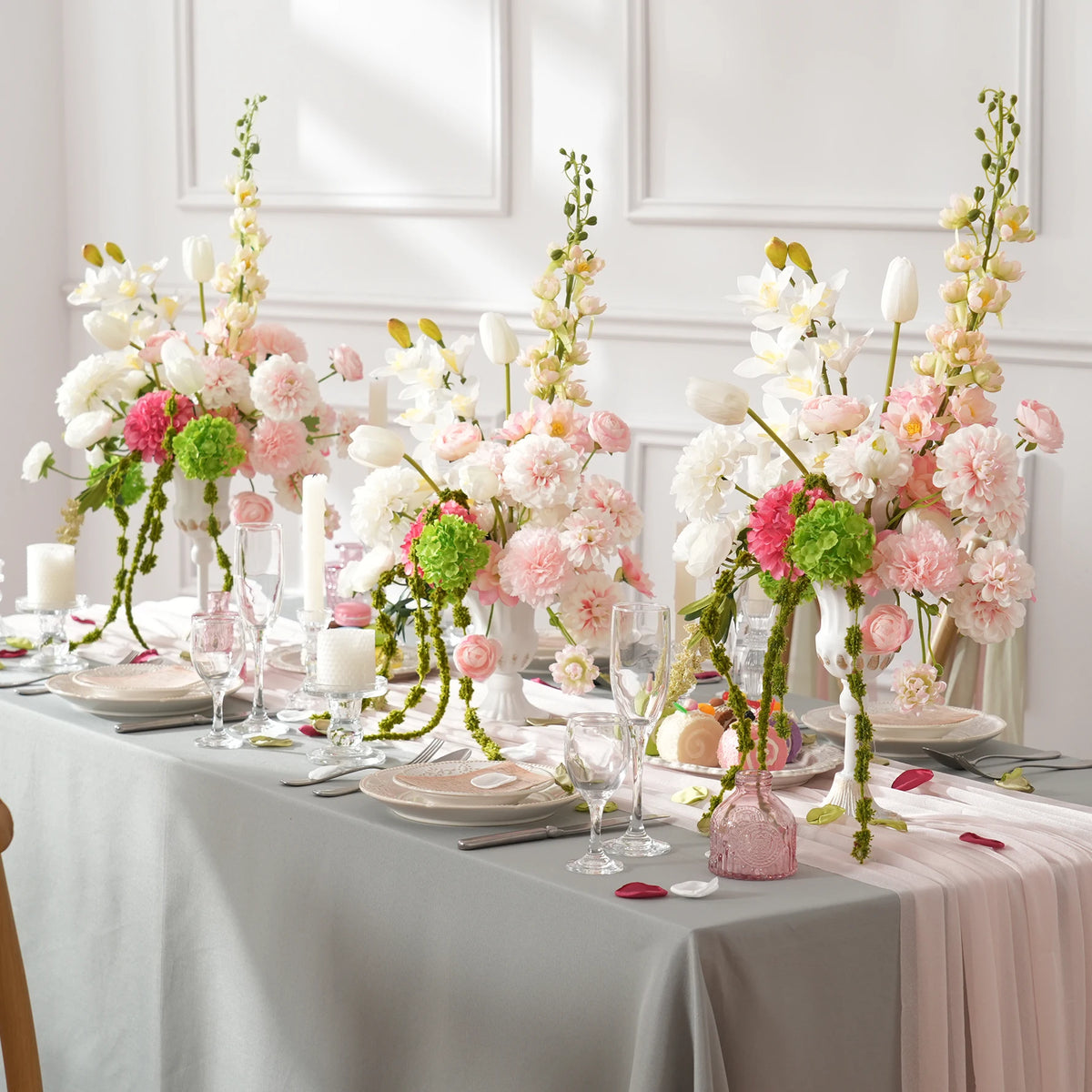 bouquets fleurs artificielles blanc rose vert bouquet feuillage classique décoration mariage anniversaire table extérieur