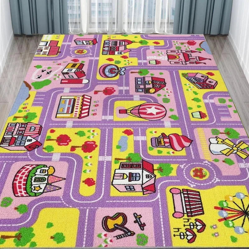 tapis floral thème urbain voitures routes décoratif enfant violet jaune vert rouge blanc noir