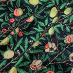 tissu coton imprimé floral motifs fruits pommes citrons couleurs vives noir bleu turquoise orange