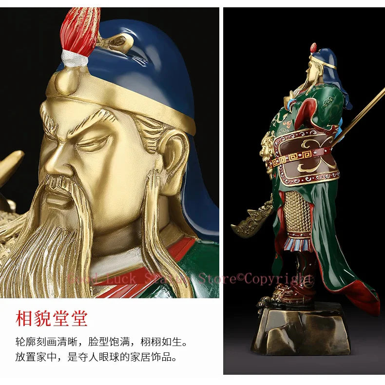 statue guerrier chinois or armure détaillée barbe cheveux longs traditionnel or vert rouge bleuargent