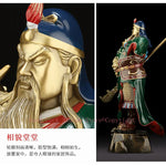 statue guerrier chinois or armure détaillée barbe cheveux longs traditionnel or vert rouge bleuargent